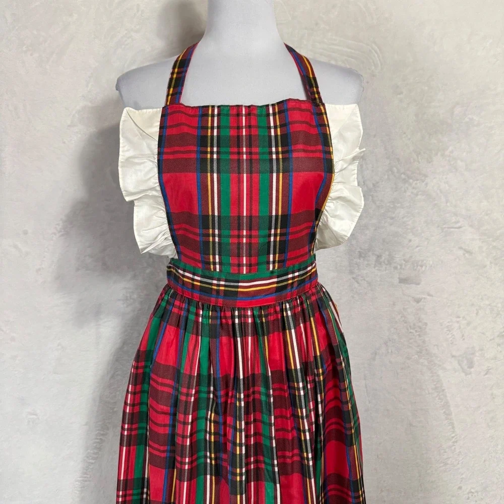 Vintage 70s Plaid Pinafore Apron Dress Ruffle Bib‎ Tie Back Lady One Size USA